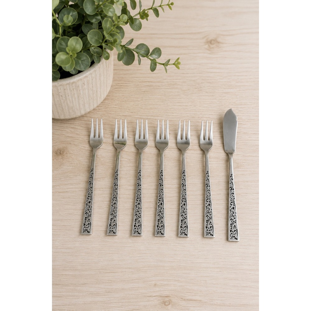 Vintage Japan Luxury Stainless Steel Vine Pattern Cocktail Pickle Fork Set Knife